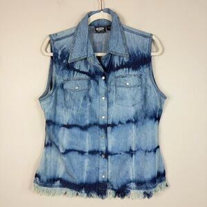 Vintage Fashion Web Denim Top Womens XL Cotton Tie Dye Peal Button Down Fringe